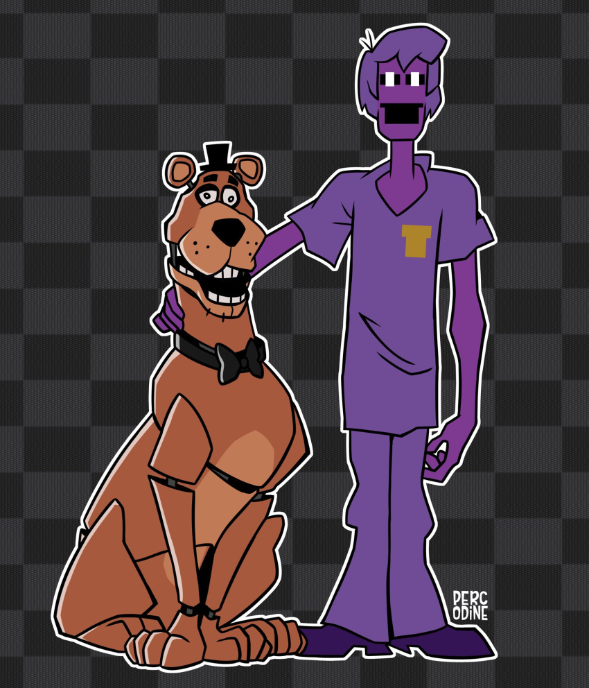 arm_around_neck artist_name black_bow black_bowtie bow bowtie checkered_background colored_skin dog five_nights_at_freddy's freddy_fazbear full_body highres non-humanoid_robot open_mouth percodine purple_hair purple_shirt purple_skin robot robot_animal robot_dog scooby-doo scooby-doo_(character) shaggy_rogers shirt teeth william_afton