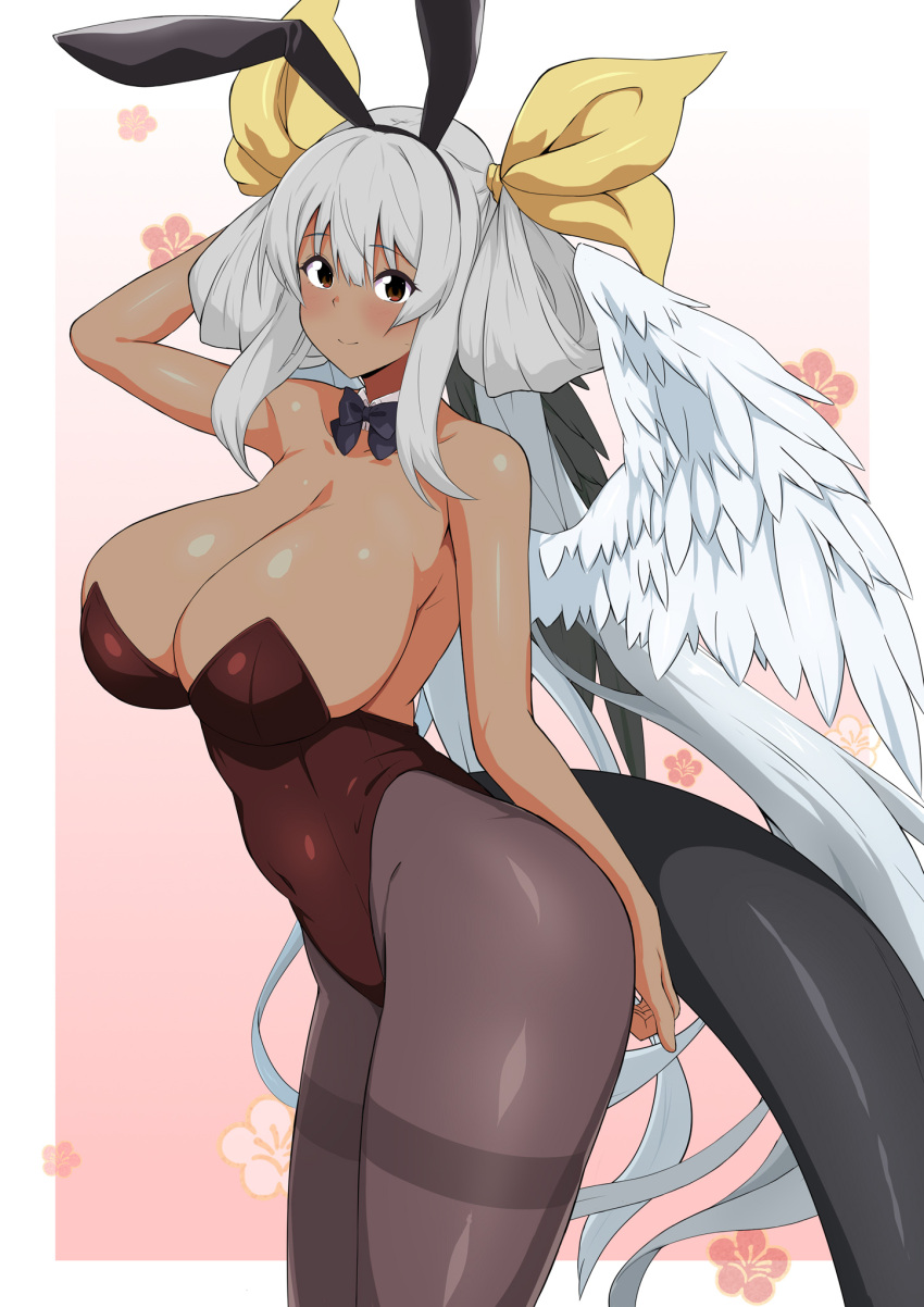 1girl angel_wings animal_ears arm_above_head arm_up asymmetrical_wings bangs bare_shoulders black_bow black_bowtie black_leotard blush border bow bowtie breasts chinese_zodiac cleavage collar collarbone covered_navel dark-skinned_female dark_skin detached_collar dizzy_(guilty_gear) fake_animal_ears fuuma_(bangolga1) grey_hair guilty_gear hair_between_eyes hair_ribbon hair_rings happy_new_year highres huge_breasts large_breasts leotard long_hair looking_at_viewer mature_female monster_girl pantyhose pink_background playboy_bunny rabbit_ears red_eyes ribbon sideboob sidelocks smile solo tail tan twintails white_border wings year_of_the_rabbit