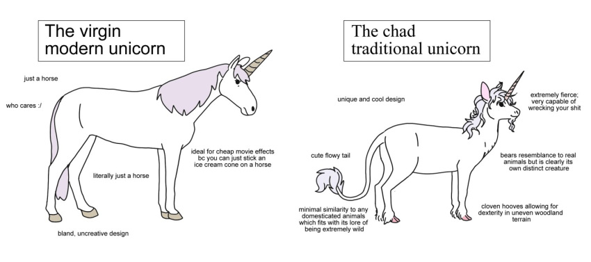 :/ ambiguous_gender duo english_text equid equine feral hooves horn mammal meme profanity text unicorn unicorn_horn unknown_artist virgin_vs._chad