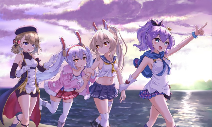 4girls animal_ears ascot ayanami_(azur_lane) azur_lane beret bike_shorts blouse blue_eyes blue_sailor_collar blue_skirt boots breasts buttons camisole crop_top cross cross_hair_ornament crown double-breasted fake_animal_ears gloves gold_trim hair_ornament hairband hat headgear high_ponytail highres hood iron_cross jacket javelin_(azur_lane) laffey_(azur_lane) light_brown_hair long_hair matsu520 medium_hair midriff mini_crown miniskirt multiple_girls open_clothes open_jacket open_mouth orange_eyes pink_jacket plaid plaid_skirt pleated_skirt ponytail purple_eyes purple_hair purple_ribbon purple_skirt rabbit_ears red_hairband red_skirt ribbon sailor_collar shirt short_hair showgirl_skirt single_glove skirt small_breasts thigh_boots twintails very_long_hair walking water white_camisole white_footwear white_gloves white_hair white_ribbon wide_ponytail yellow_ascot z23_(azur_lane) zettai_ryouiki