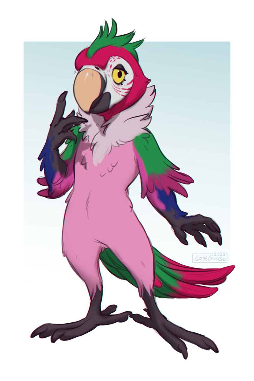 2022 ambiguous_gender anthro arm_tuft avian beak chest_tuft dated elbow_tuft eyelashes feathers featureless_crotch front_view glistening glistening_eyes hi_res looking_at_viewer lostgoose mouth_closed neck_tuft no_sclera nude orange_beak pink_body pink_feathers purple_body purple_feathers signature solo standing tuft yellow_eyes