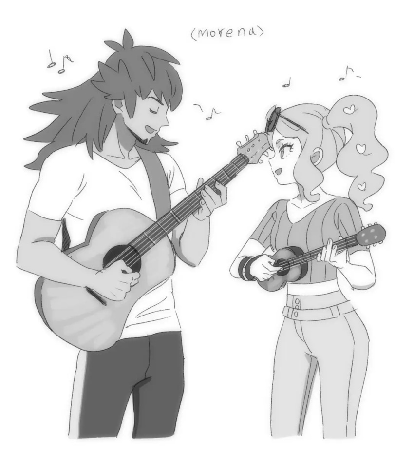 1boy 1girl bad_id bad_twitter_id closed_eyes collarbone cowboy_shot dede_(qwea_00000) eyewear_on_head facial_hair greyscale guitar hair_ornament hat heart heart_hair_ornament holding holding_instrument instrument leon_(pokemon) looking_at_another monochrome music musical_note open_mouth playing_instrument pokemon pokemon_(game) pokemon_swsh simple_background smile sonia_(pokemon) standing sunglasses white_background