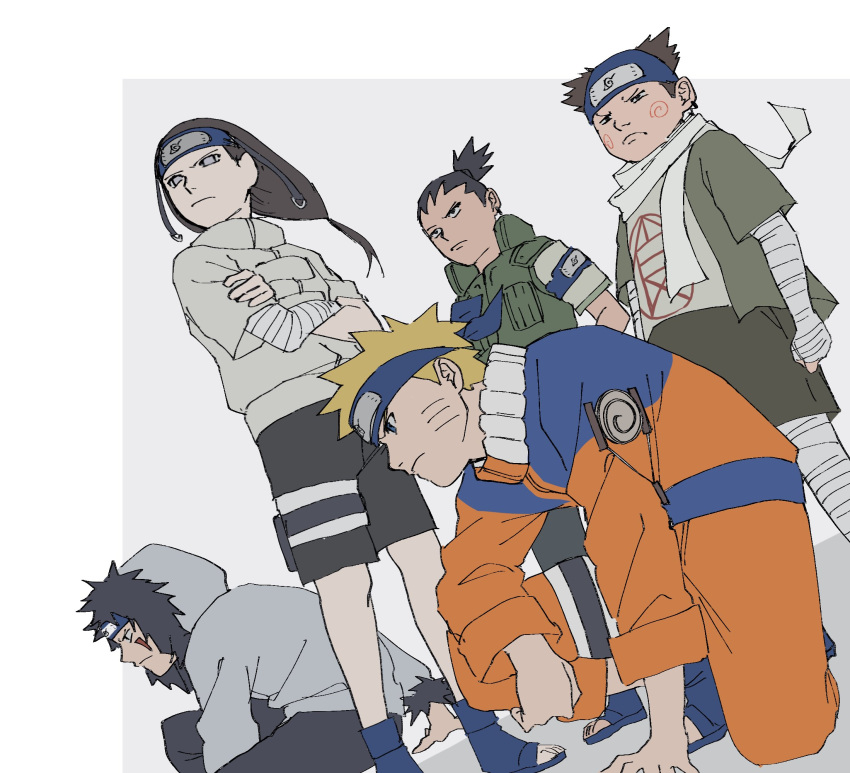 5boys akimichi_chouji bandages black_hair blonde_hair blue_eyes byakugan forehead_protector fur_trim highres hood hoodie hyuuga_neji inuzuka_kiba long_sleeves medium_hair multiple_boys nara_shikamaru naruto_(series) one_knee pnpk_1013 scarf short_hair shorts topknot uzumaki_naruto white_scarf