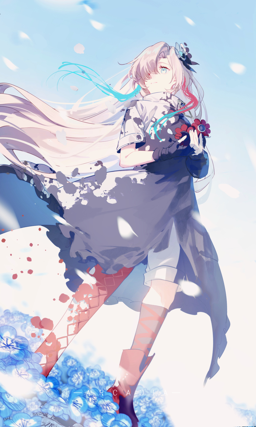 1girl absurdres anemone_(flower) asymmetrical_footwear asymmetrical_sleeves black_coat blue_eyes blue_hair blue_sky boots coat cross-laced_footwear field fingerless_gloves floating_hair flower flower_field gloves grey_hair hair_flower hair_ornament hair_over_one_eye highres holding holding_flower isekai_joucho kamitsubaki_studio long_hair multicolored_hair outdoors parted_lips red_footwear red_hair shorts single_fingerless_glove single_glove sky solo song_name very_long_hair virtual_youtuber walluka wings