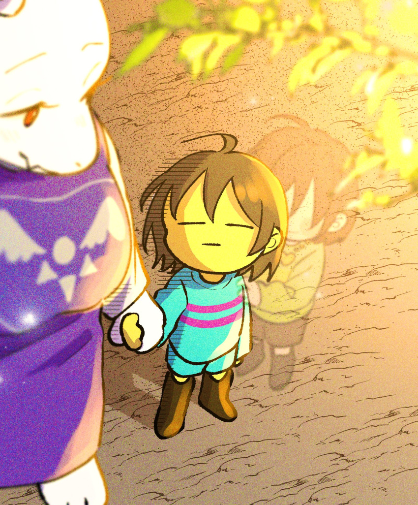 1girl 2others =_= barefoot bloom blue_sweater blush_stickers boots brown_footwear brown_shorts chara_(undertale) child colored_skin dress faceless frisk_(undertale) furry furry_female ghost goat_girl green_sweater heart heart-shaped_lock heart_necklace hiding hiding_behind_another highres holding_hands jewelry light_particles locket looking_at_another moruineko multiple_others necklace pendant purple_dress purple_robe robe see-through shorts striped striped_sweater sunset sweater toriel undertale white_fur yellow_skin