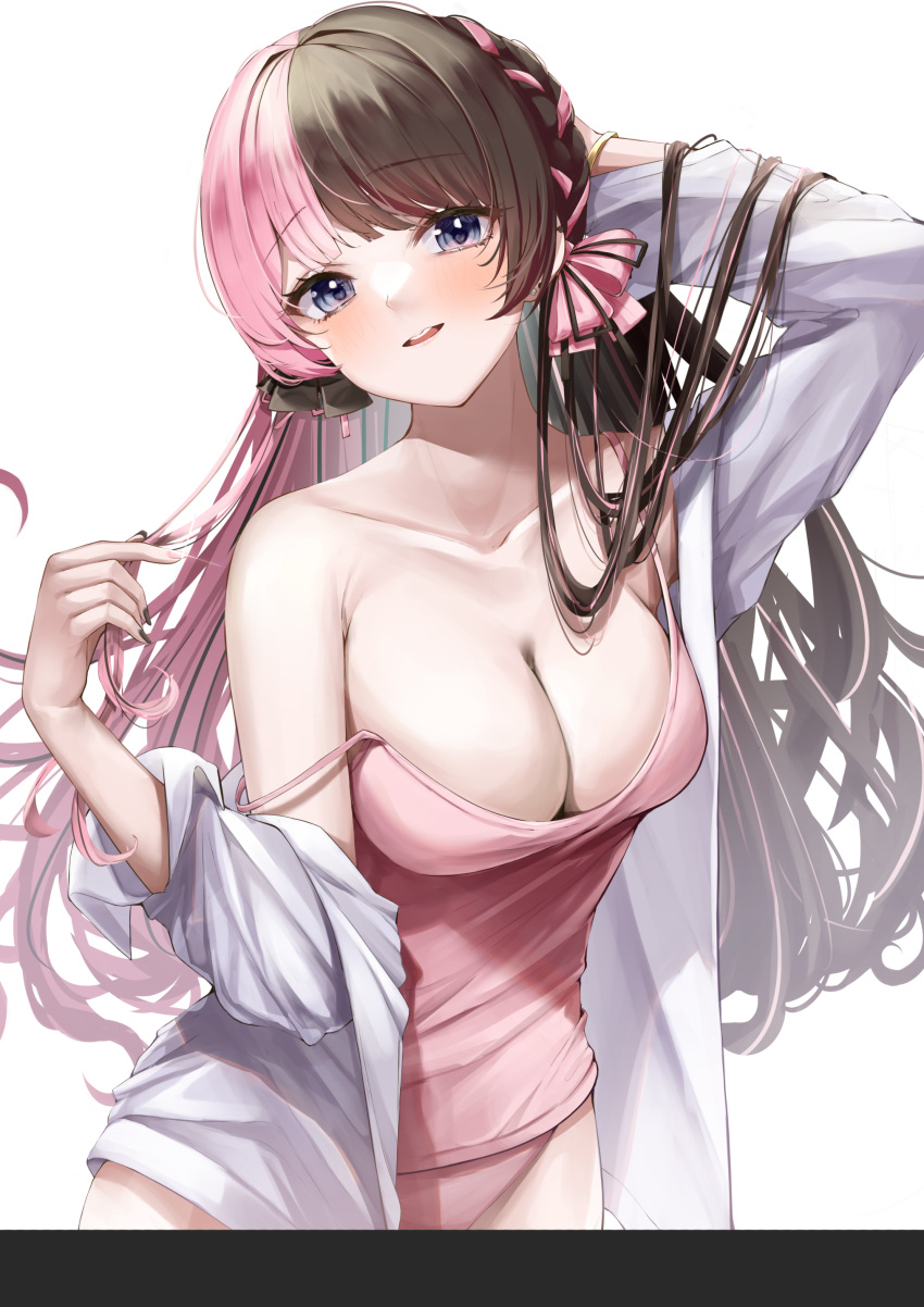 1girl absurdres arm_behind_head bangs bare_shoulders black_bow black_nails blue_eyes borrowed_clothes bow bracelet braid breasts brown_hair camisole cleavage collarbone earrings hair_bow head_tilt highres horo_27 iris_black_games jewelry large_breasts long_sleeves looking_at_viewer multicolored_hair nail_polish open_clothes open_mouth open_shirt panties pink_bow pink_camisole pink_hair pink_nails pink_panties shirt simple_background smile solo split-color_hair strap_slip tachibana_hinano_(vtuber) teeth two-tone_hair underwear upper_teeth_only virtual_youtuber vspo! white_background white_shirt