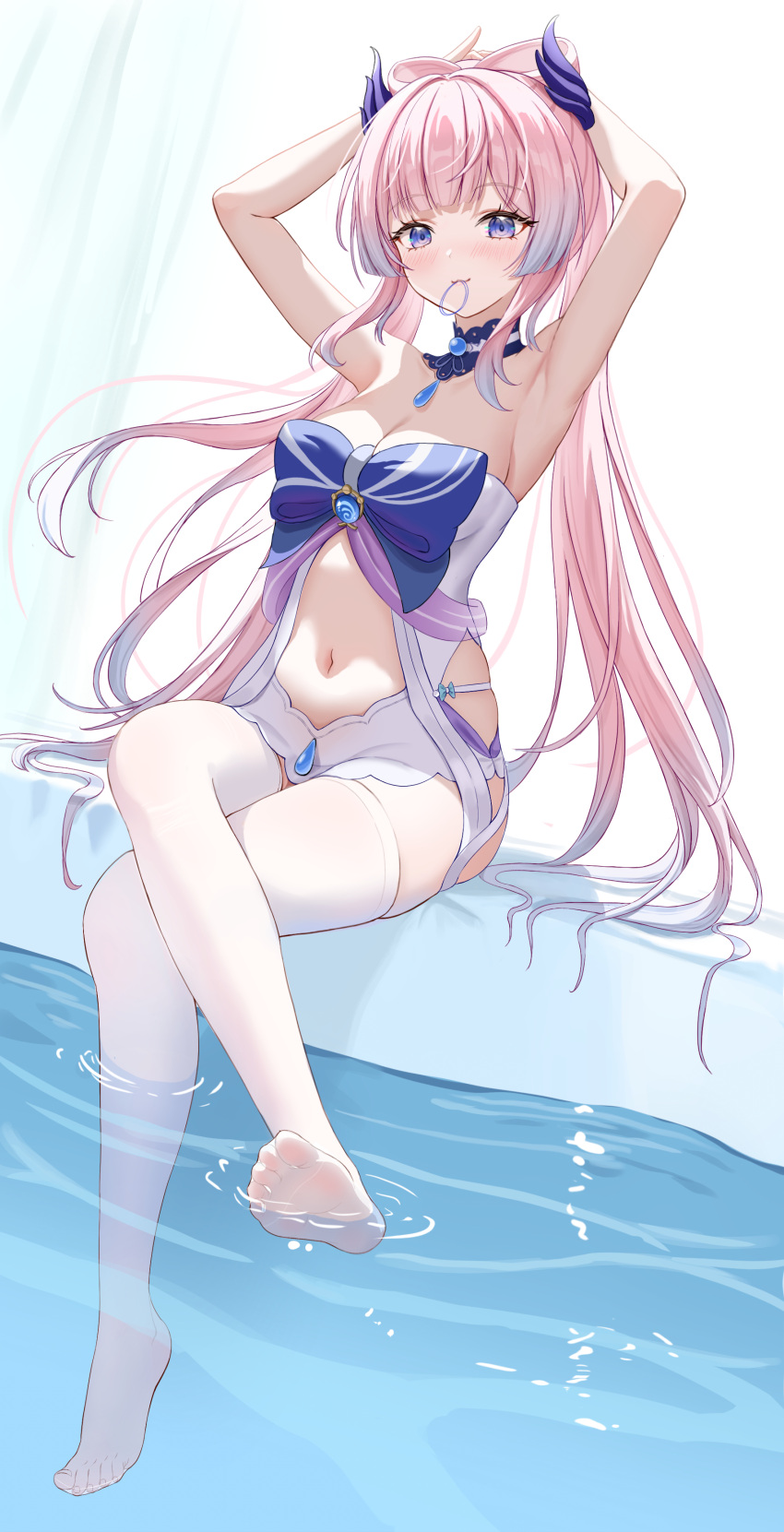 1girl :3 absurdres armpits arms_behind_head arms_up bare_arms bare_shoulders bloomers blue_bow blue_choker blue_gemstone blue_hair blush bow breasts choker cleavage closed_mouth colored_tips crossed_legs feet floating_hair full_body gem genshin_impact gradient_hair hair_tie_in_mouth highres lace-trimmed_choker lace_trim legs long_hair looking_at_viewer medium_breasts mouth_hold multicolored_hair navel no_shoes pink_hair purple_eyes revealing_clothes sangonomiya_kokomi see-through see-through_legwear sitting smile soaking_feet soles solo stomach thighhighs thighs toes ttkaki twintails underwear very_long_hair vision_(genshin_impact) water white_bloomers white_thighhighs