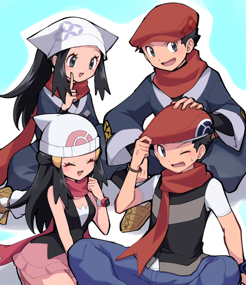 2boys 2girls akari_(pokemon) black_hair blue_kimono blue_pants blush closed_eyes commentary_request dawn_(pokemon) galaxy_expedition_team_survey_corps_uniform hand_on_another's_head head_scarf highres japanese_clothes kimono long_hair lucas_(pokemon) multiple_boys multiple_girls open_mouth pants pink_scarf pink_skirt pokemon pokemon_(game) pokemon_dppt pokemon_legends:_arceus ponytail red_headwear red_scarf rei_(pokemon) sawarabi_(sawarabi725) scarf shirt short_hair sidelocks sitting skirt smile sweatdrop time_paradox uniform white_headwear white_scarf