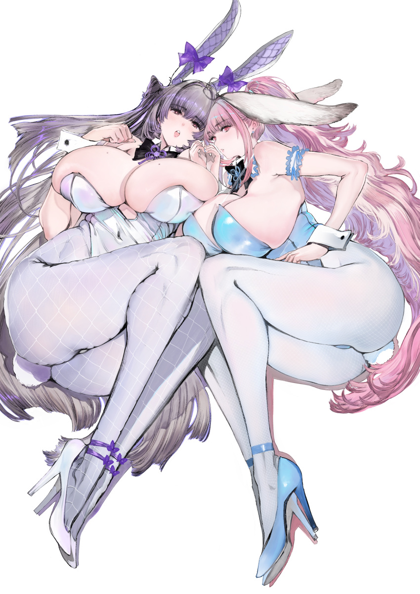 2girls absurdres animal_ears ass bangs blue_leotard blunt_bangs breasts cleavage commentary_request fake_animal_ears fake_tail fishnet_pantyhose fishnets high_heels highres houden_eizou huge_breasts leotard long_hair looking_at_viewer lying multicolored_hair multiple_girls on_back on_side original pantyhose pink_hair playboy_bunny ponytail purple_hair rabbit_ears rabbit_tail ribbon sideboob streaked_hair tail undersized_breast_cup undersized_clothes very_long_hair white_background white_hair white_leotard white_pantyhose wrist_cuffs