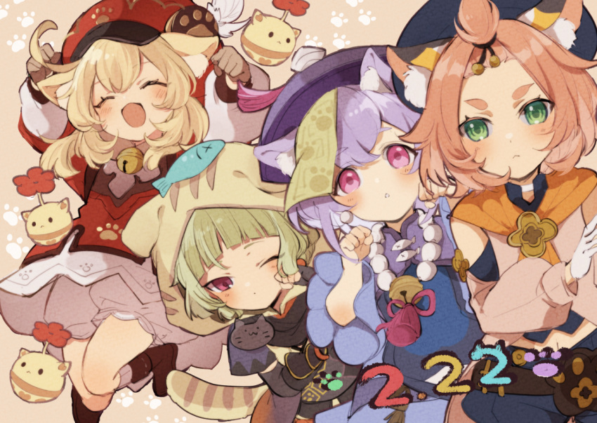 4girls :d ^_^ animal_ears arm_guards backpack bag bangs bangs_pinned_back bead_necklace beads bell belt black_gloves black_shorts bloomers blunt_bangs braid brown_footwear brown_gloves brown_scarf cabbie_hat cat_ears cat_girl cat_tail chinese_clothes closed_eyes clover_print coat coin_hair_ornament commentary_request dated detached_sleeves diona_(genshin_impact) fingerless_gloves fish_on_head genshin_impact gloves green_eyes green_hair hair_between_eyes hair_ornament hair_ribbon hat hat_feather hat_ornament hood hoodie japanese_clothes jewelry jiangshi jumping jumpy_dumpty kemonomimi_mode klee_(genshin_impact) light_brown_hair long_hair long_sleeves looking_at_viewer low_ponytail low_twintails midriff multiple_girls naruka_(ynarukay) navel neck_bell necklace ninja ofuda parted_lips paw_pose pink_hair puffy_detached_sleeves puffy_shorts puffy_sleeves purple_eyes purple_hair qing_guanmao qiqi_(genshin_impact) red_coat red_headwear ribbon sayu_(genshin_impact) scarf short_hair short_sleeves shorts sidelocks single_braid smile tail thick_eyebrows twintails underwear white_gloves