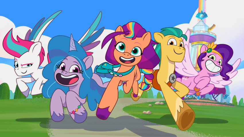 bag blue_hairband bracelet brown_eyes brown_hooves detailed_background digital_media_(artwork) earth_pony equid equine female feral flat_colors flying fur green_eyes green_hair grey_hooves grin group hair hasbro hi_res hitch_trailblazer_(mlp) hooves horn horse izzy_moonbow_(mlp) jewelry looking_at_viewer male mammal maretime_bay mlp_g5 multicolored_hair my_little_pony my_little_pony:_tell_your_tale official_art open_mouth orange_body orange_fur pegasus pink_body pink_fur pipp_petals_(mlp) pony purple_body purple_eyes purple_fur purple_hair purple_hooves quadruped running smile sunny_starscout_(mlp) teal_eyes two_tone_hair unicorn white_body white_fur wings yellow_body yellow_fur zipp_storm_(mlp)