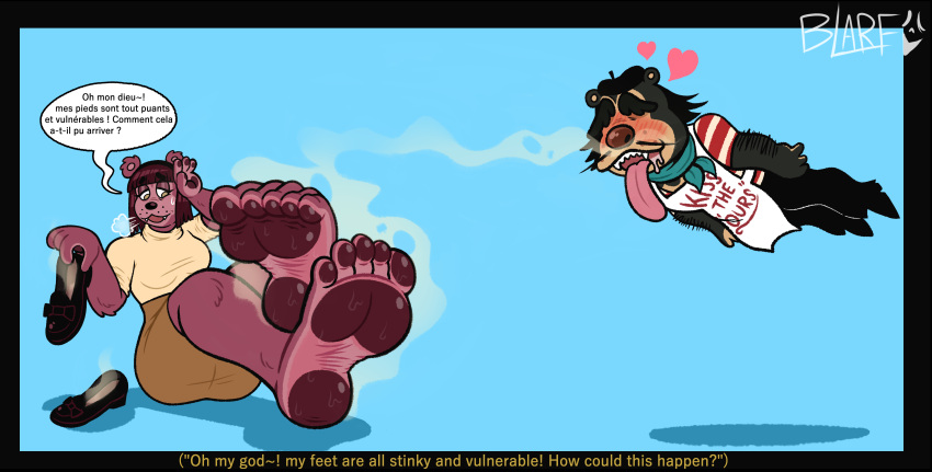 &lt;3 2023 5_toes absurd_res anthro bear blarf022 bodily_fluids brown_bear coy duo english_text feet female floating foot_fetish foot_focus french french_text grizzly_bear hi_res humanoid_feet humor husband_and_wife male male/female mammal married_couple mature_anthro mature_female mature_male pawpads plantigrade sherry's_dad_(blarf022) sherry's_mom_(blarf022) shoes_removed sitting sitting_on_ground smelly smelly_feet subtitled sun_bear sweat sweaty_feet text toes tongue tongue_out translated ursine