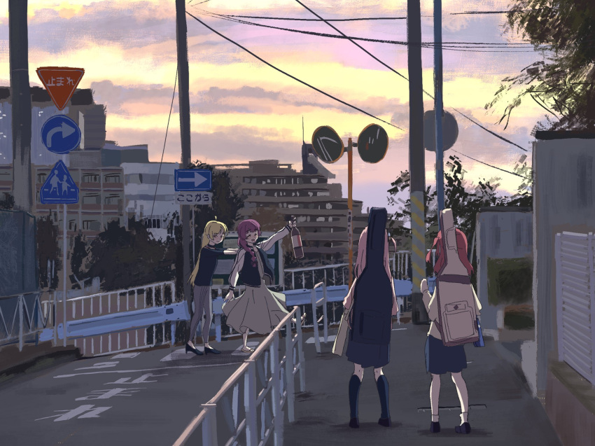4girls ahoge alcohol arm_up bangs black_shirt black_skirt black_socks blonde_hair blunt_bangs blush bocchi_the_rock! bottle braid building city closed_eyes cloud cloudy_sky commentary crosswalk dress english_commentary facing_another foot_up full_body gotou_hitori guard_rail guitar_case hair_over_shoulder hands_on_another's_back high_heels highres hiroi_kikuri holding holding_bottle ijichi_seika instrument_case instrument_on_back jacket kita_ikuyo kneehighs letterman_jacket long_hair long_sleeves looking_at_another loose_socks medium_hair mixed-language_commentary morning multiple_girls one_side_up outdoors parted_bangs power_lines purple_hair pushing railing red_eyes red_hair road road_sign sake scenery school_uniform shirt shoulder_strap sidewalk sign skirt sky sleeves_past_elbows smile socks standing stop_sign sukoya_tsukasa traffic_mirror tree utility_pole white_socks zouri