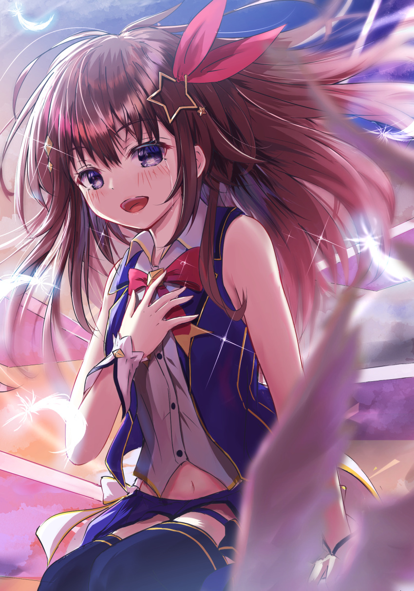 1girl :d blue_eyes blue_skirt blue_thighhighs blue_vest blush brown_hair cape cropped_shirt cropped_vest falling_feathers feathers hair_ornament hand_on_own_chest happy highres hololive looking_at_viewer miniskirt navel neck_ribbon open_mouth pleated_skirt red_ribbon ribbon sakura_t shirt skirt sleeveless sleeveless_shirt smile solo star_(symbol) star_hair_ornament tears thigh_strap thighhighs tokino_sora vest virtual_youtuber waist_cape white_cape white_shirt white_wrist_cuffs wrist_cuffs