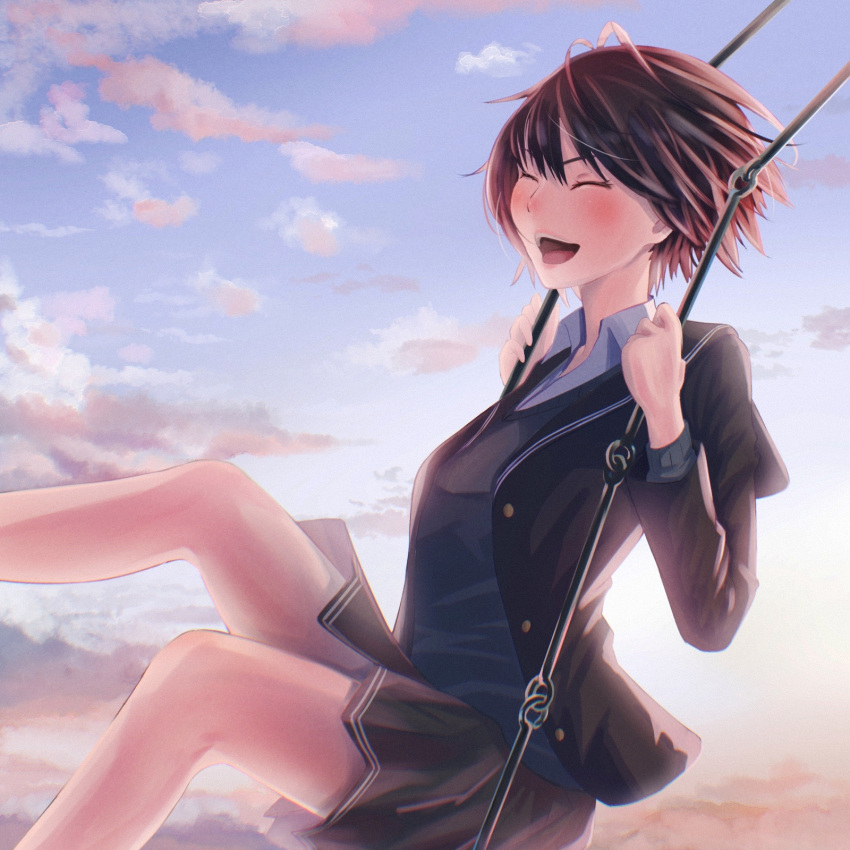 1girl :d amagami black_hair black_jacket black_sailor_collar black_skirt blazer blue_sweater blush breasts closed_eyes cloud commentary dusk feet_out_of_frame film_grain highres jacket kibito_high_school_uniform long_sleeves medium_breasts nanasaki_ai open_clothes open_jacket open_mouth oshizu outdoors pleated_skirt sailor_collar school_uniform shirt short_hair sitting skirt sky smile solo sweater swing swinging teeth upper_teeth_only white_shirt