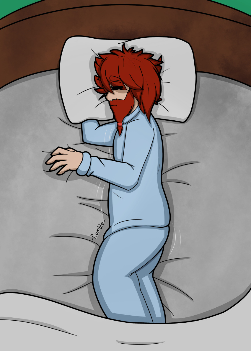 absurd_res beard bed clothing facial_hair firepawdacat_(artist) furniture hair hi_res human human_only lying male mammal not_furry on_side pajamas red_hair sleeping solo