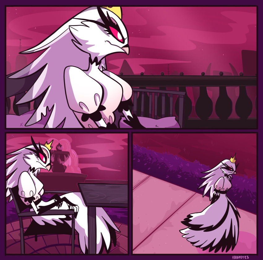 anthro avian balcony bird chair clothing crown detailed_background dress eyelashes female fountain frown fur furniture hair headgear helluva_boss hi_res long_eyelashes long_hair night owl owl_demon pink_eyes pink_sky rivet_theproto sidewalk sitting sky solo standing star starry_sky stella_(helluva_boss) table walking white_body white_fur white_hair