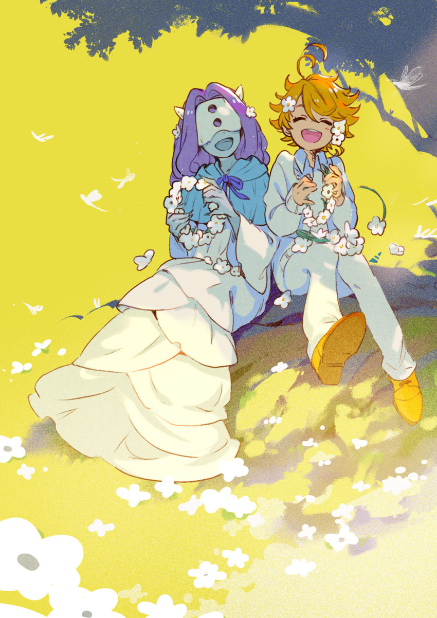 2girls brown_footwear brown_hair closed_eyes dress emma_(yakusoku_no_neverland) flower highres holding holding_flower multiple_girls musica_(yakusoku_no_neverland) open_mouth pants purple_hair shirt shoes smile sweater tanaka_(colorcorn) tree white_dress white_flower white_pants white_shirt white_sweater yakusoku_no_neverland