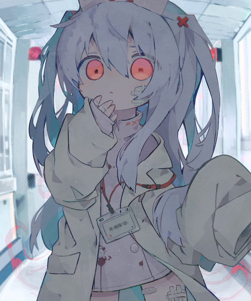 1girl bandaged_fingers bandages bandaid blank_stare blood blood_on_clothes hair_ornament hand_on_own_face hat highres hospital labcoat long_hair looking_at_viewer name_tag nurse nurse_cap open_mouth original oversized_clothes red_eyes solo soresaki white_hair x_hair_ornament