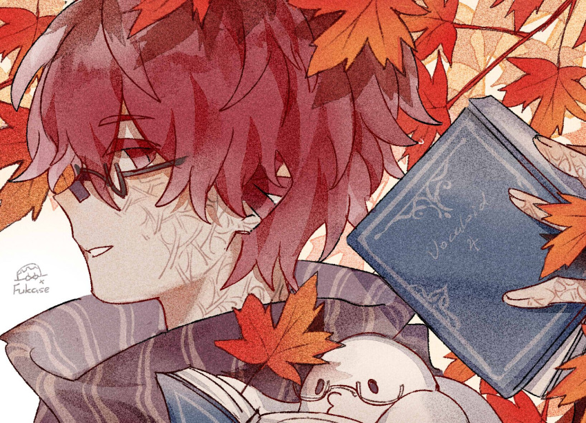 1boy akiyo_(lifetimes) autumn bespectacled book from_side fukase glasses highres holding holding_book leaf looking_at_viewer male_focus maple_leaf point_(vocaloid) red_eyes red_hair scarf semi-rimless_eyewear solo vocaloid