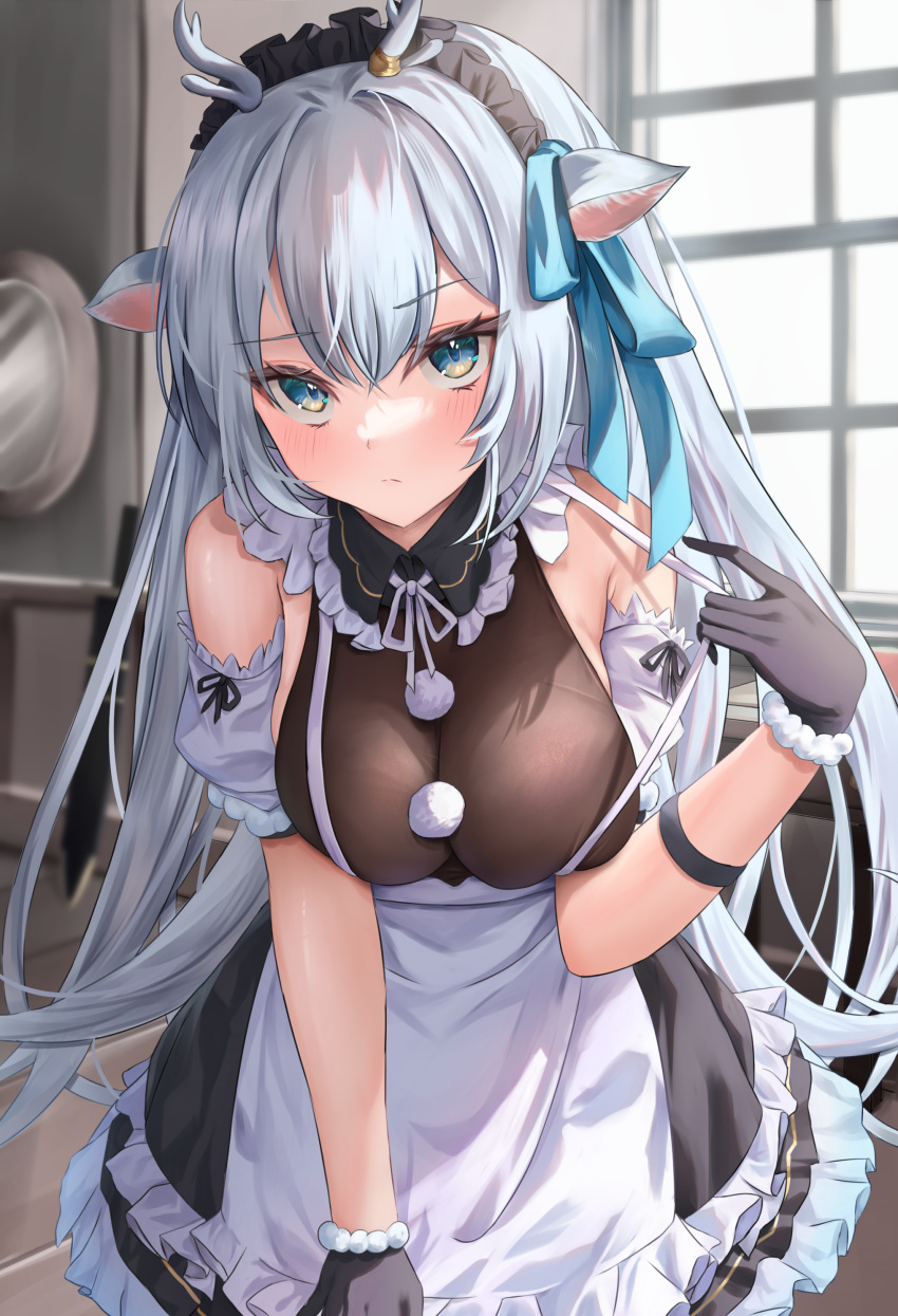 1girl absurdres animal_ears antlers apron bare_shoulders bent_over black_gloves blue_eyes blue_ribbon breasts deer_antlers deer_ears deer_girl detached_sleeves frown gloves grey_hair hakushika_iori highres large_breasts long_hair maid maid_apron maid_headdress phase_connect ribbon skin_tight skindentation solo strap_pull una_hirag very_long_hair virtual_youtuber window