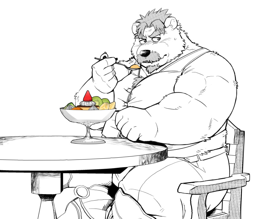 1boy aegis_(crave_saga) alternate_costume animal_ears armor bara bear_boy bear_ears belly blush bursting_pectorals casual crave_saga cup eating facial_hair fat fat_man food forked_eyebrows fruit gauntlets goatee grey_hair highres holding holding_spoon ice_cream kumagayasin looking_to_the_side male_focus mature_male midriff_peek muscular muscular_male mustache old old_man on_chair pectorals shirt short_hair shy sitting solo spoon spot_color strawberry thick_eyebrows translation_request white_fur