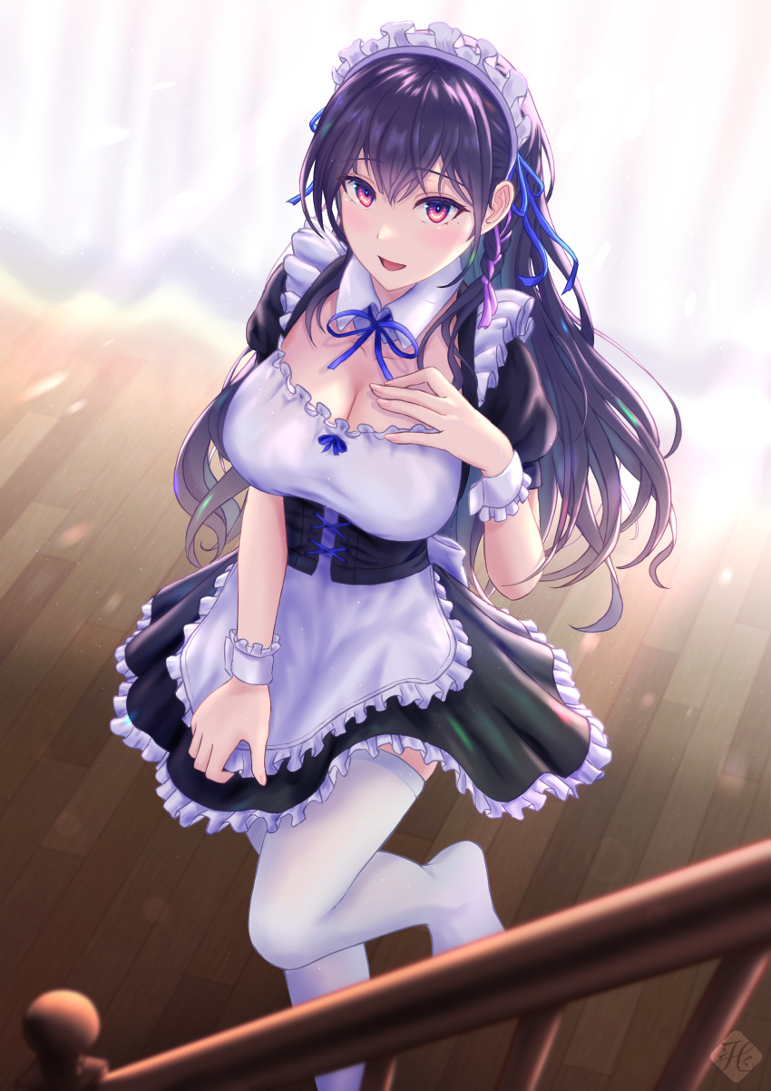 1girl absurdres apron backlighting bangs black_hair black_skirt blue_ribbon braid breasts cleavage frilled_apron frills hanegaito highres large_breasts long_hair looking_at_viewer maid maid_headdress open_mouth original pleated_skirt purple_eyes ribbon skirt smile solo thighhighs waist_apron white_thighhighs white_wrist_cuffs