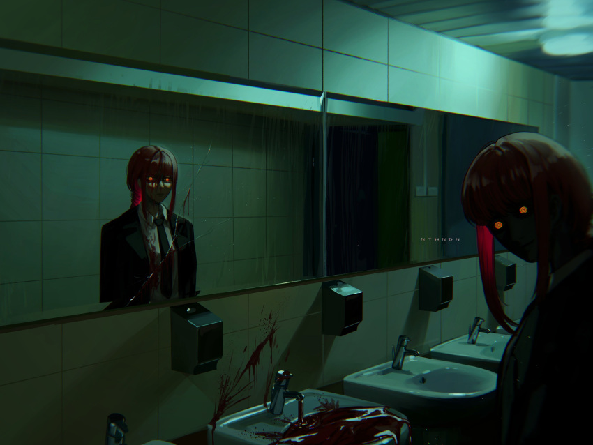 1girl absurdres bangs bathroom black_jacket black_necktie blood blood_on_clothes blood_on_wall braid braided_ponytail chainsaw_man collared_shirt cracked_glass dark different_reflection eyes_in_shadow formal highres horror_(theme) jacket looking_at_another looking_at_viewer looking_to_the_side makima_(chainsaw_man) medium_hair mirror necktie nthndn red_hair reflection ringed_eyes shirt sidelocks solo suit suit_jacket tile_wall tiles white_shirt yellow_eyes