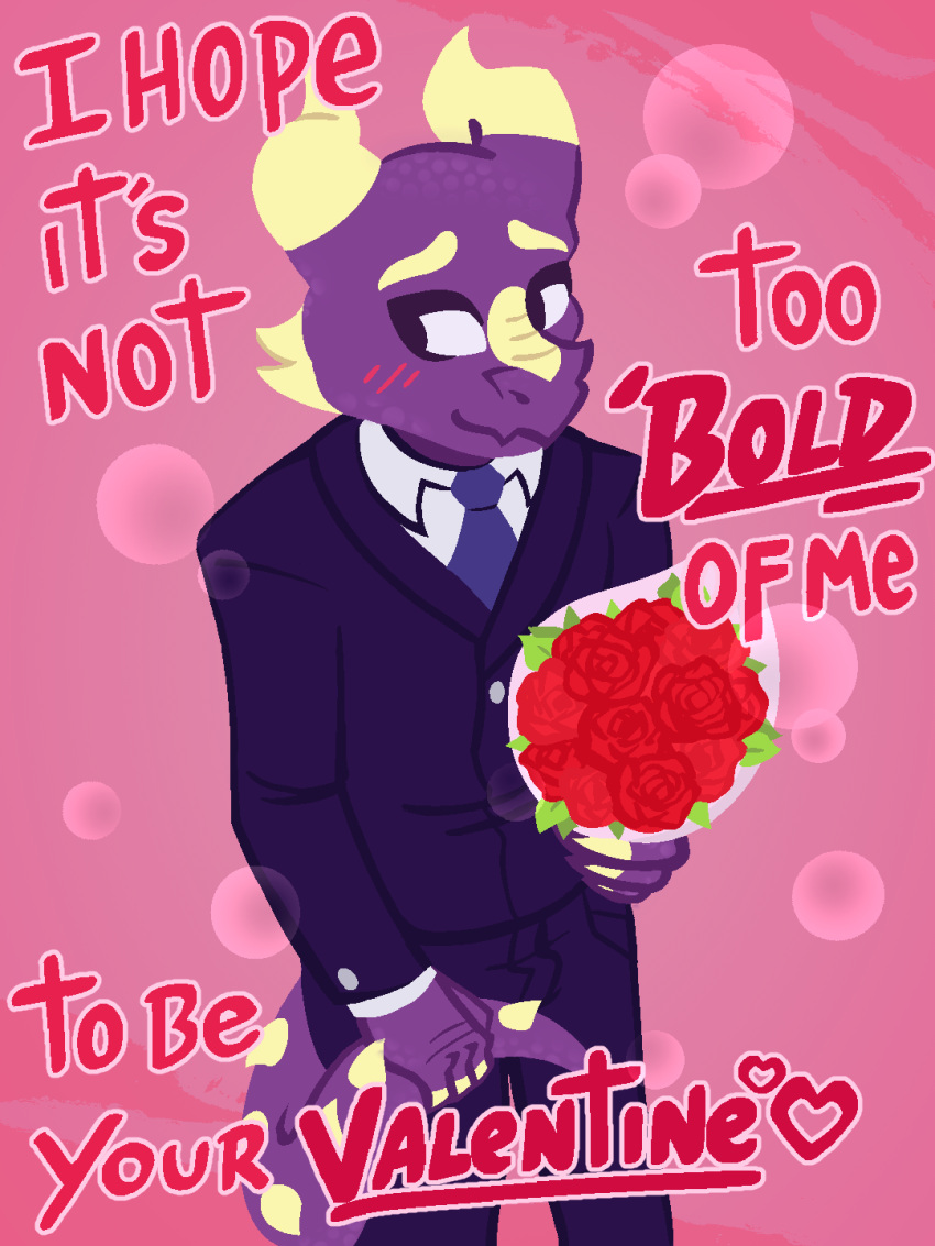 &lt;3 animaanimals anthro black_tie_(suit) blush bouquet claws clothing flower hi_res holidays horn kobold looking_away male pink_background plant purple_body rose_(flower) shy simple_background solo spiked_tail spikes spikes_(anatomy) suit text valentine's_day