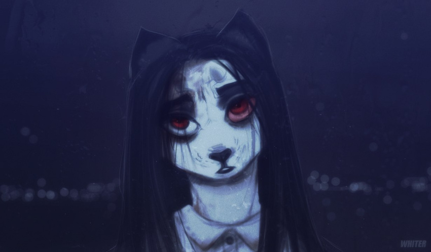 anthro artist_name black_hair black_nose bust_portrait clothed clothing felid female front_view glistening glistening_eyes hair long_hair mammal portrait red_eyes red_sclera simple_background solo topwear unknowhiter white_body white_clothing white_topwear