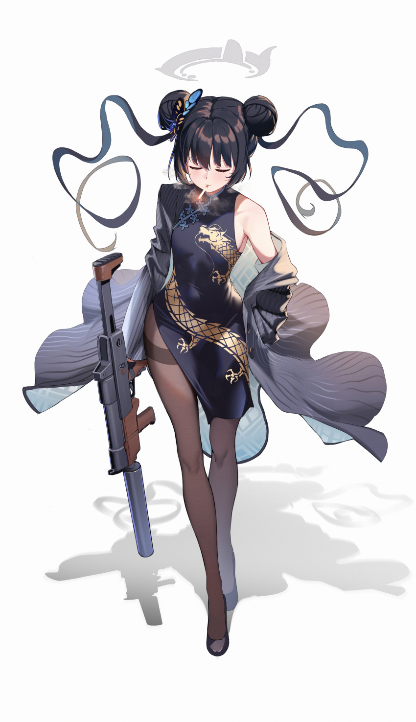 1girl absurdres black_hair blue_archive china_dress chinese_clothes cigarette closed_eyes cs/ls06 double_bun dragon_print dress full_body gun hair_bun halo hand_in_pocket highres holding holding_gun holding_weapon jacket kisaki_(blue_archive) long_hair pantyhose platform_footwear platform_heels print_dress shoes single_bare_shoulder smoking solo standing striped striped_jacket submachine_gun vertical-striped_jacket vertical_stripes weapon white_background xintianou