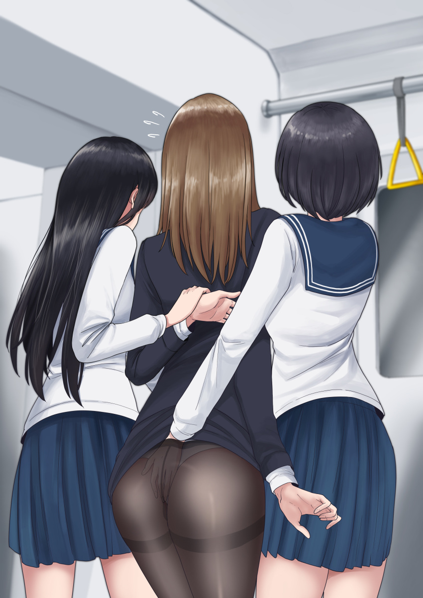 3girls absurdres arm_behind_back black_hair black_jacket black_pantyhose blue_skirt brown_hair chijo commentary_request commission facing_away female_pervert fingering highres jacket long_hair multiple_girls office_lady original pantyhose pervert rape school_uniform shirt short_hair skirt train_interior white_shirt yuri yuyou