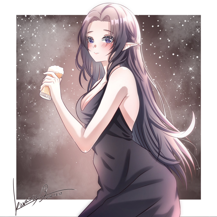 1girl backless_dress backless_outfit bare_arms bare_shoulders black_dress black_hair blush border breasts cleavage cowboy_shot cup dated dress drink elf evening_gown from_side gamma_(kage_no_jitsuryokusha_ni_naritakute!) highres holding holding_cup holding_drink kage_no_jitsuryokusha_ni_naritakute! kawausonokairi light_smile long_hair looking_at_viewer medium_breasts night night_sky pointy_ears purple_eyes signature sky sleeveless sleeveless_dress solo standing star_(sky) starry_sky very_long_hair white_border