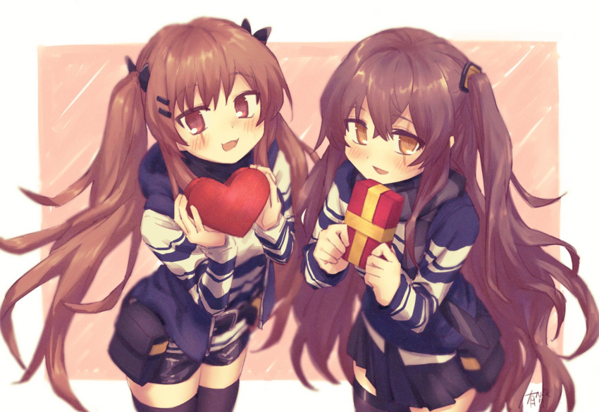 2girls arigatoner black_shorts black_skirt blush box brown_eyes brown_hair commentary_request cowboy_shot gift gift_box girls'_frontline grey_scarf heart-shaped_box highres long_sleeves looking_at_viewer multiple_girls official_alternate_costume one_side_up open_mouth pink_background pleated_skirt scar scar_across_eye scarf shirt shorts skirt smile striped striped_shirt thighhighs twintails ump45_("just_this_time.")_(girls'_frontline) ump45_(girls'_frontline) ump9_("am_i_late?")_(girls'_frontline) ump9_(girls'_frontline) valentine zettai_ryouiki