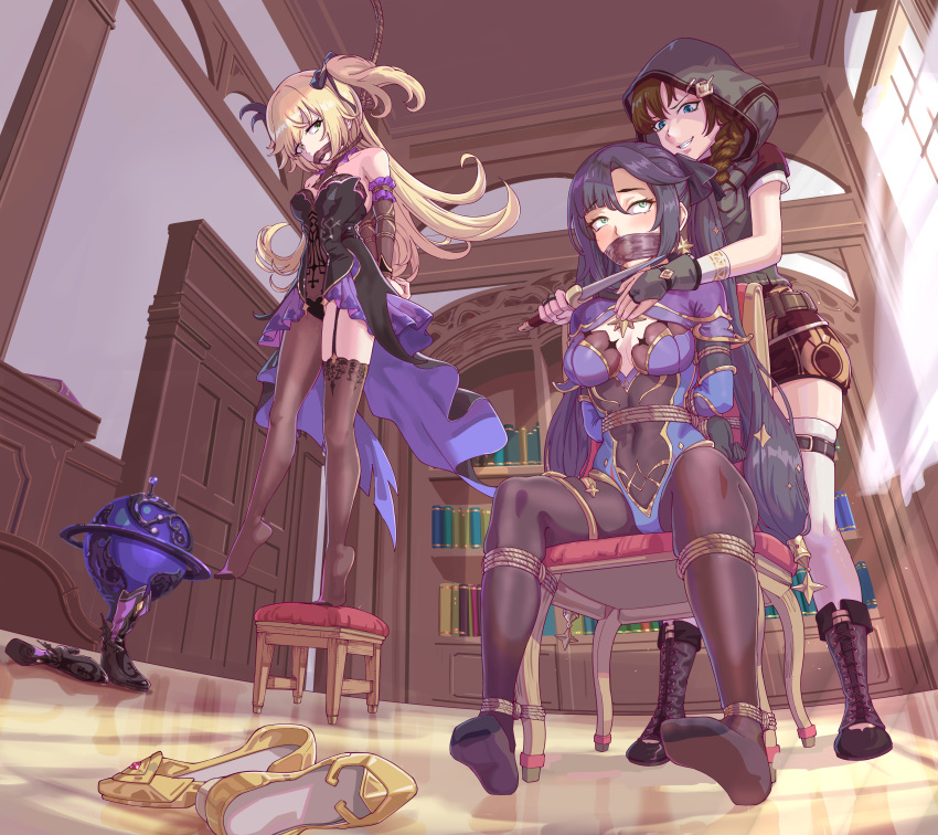 3girls absurdres at_knifepoint bao'er_(genshin_impact) bdsm black_hair black_pantyhose black_thighhighs blade_to_throat blonde_hair blue_eyes bondage book bookshelf bound breasts brown_hair chair fischl_(genshin_impact) gagged garter_straps genshin_impact green_eyes highres holding holding_knife holding_weapon indoors knife leveen long_hair mona_(genshin_impact) multiple_girls on_chair ottoman pantyhose predicament_bondage sitting teeth thighhighs thighs tiptoes weapon white_thighhighs