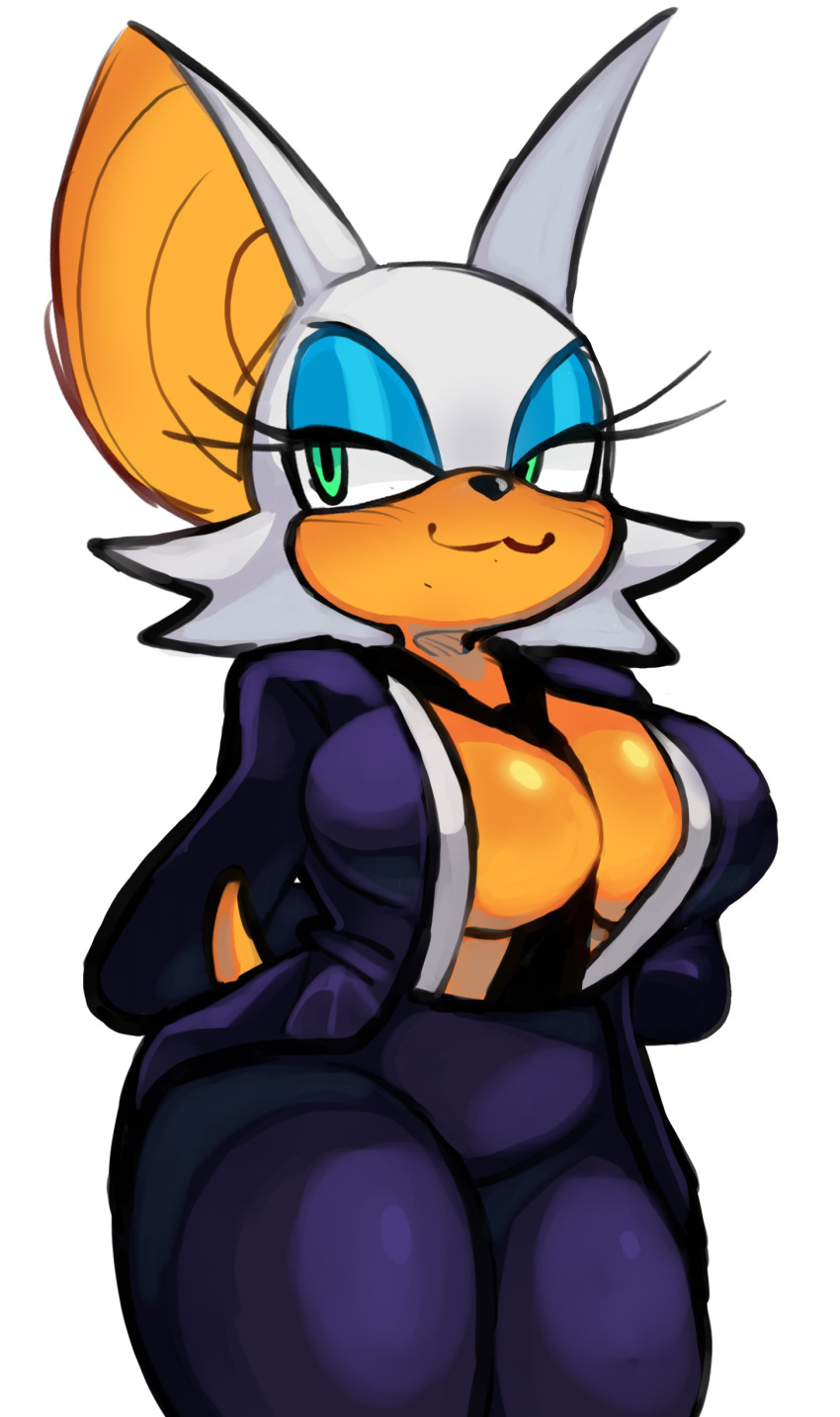 :3 absurd_res anthro bat between_breasts big_breasts big_ears breasts cleavage clothed clothing eyelashes eyeshadow female green_eyes hi_res humanoid lattebunss long_eyelashes makeup mammal necktie open_clothing open_shirt open_topwear rouge_the_bat sega shirt short_tail smile solo sonic_the_hedgehog_(series) suit tail tie_between_breasts topwear