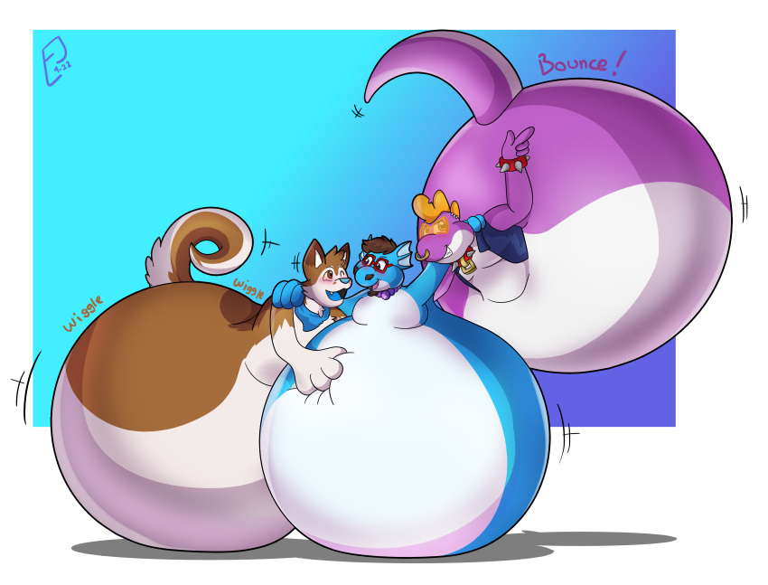 absurd_res anthro ball-shaped_body belly big_belly blue_body blush bouncing brown_body canid canine countershading dragon group hi_res huge_belly hyper hyper_belly inflated_belly inflation kanjojolteon legless male mammal mario_bros motion_lines nintendo purple_body simple_background sound_effects toony trio white_background white_body white_countershading yoshi