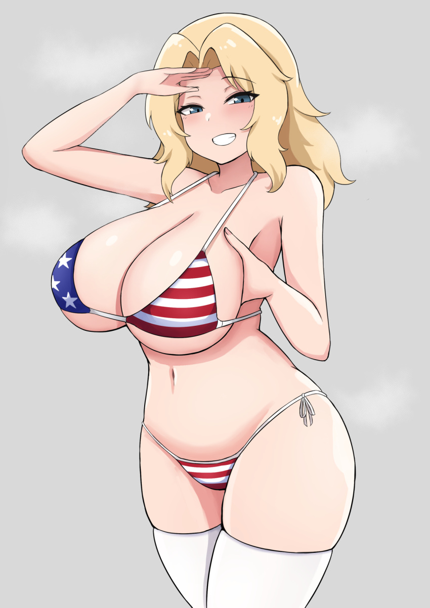 1girl alternate_breast_size american_flag american_flag_bikini american_flag_print bikini blonde_hair blue_eyes breasts commentary cowboy_shot curvy flag_print girls_und_panzer grey_background grin highres huge_breasts kay_(girls_und_panzer) long_hair looking_at_viewer navel print_bikini salute side-tie_bikini_bottom simple_background skindentation sleeptopi smile solo stomach striped striped_bikini swimsuit teeth thighhighs thighs white_thighhighs wide_hips