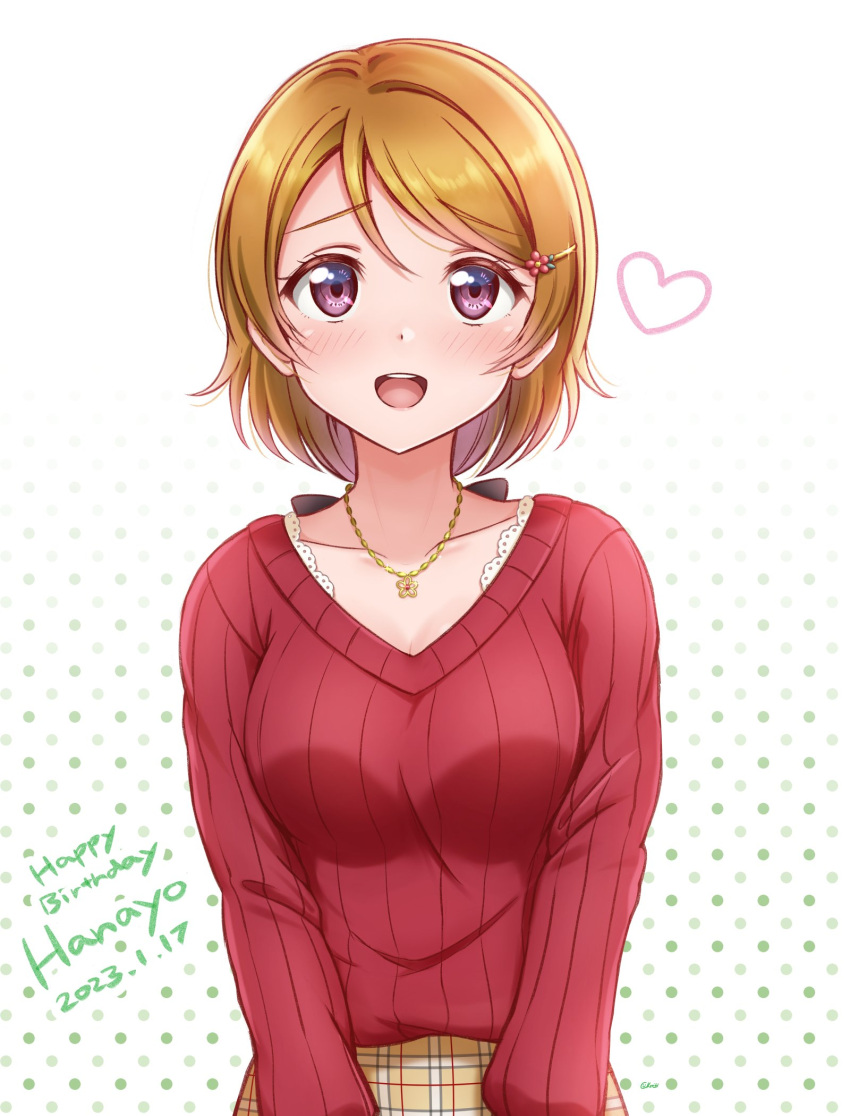 1girl blush brown_hair ckst collarbone eyebrows_hidden_by_hair hair_ornament hairclip happy_birthday heart highres jewelry koizumi_hanayo love_live! love_live!_school_idol_project necklace open_mouth plaid plaid_skirt polka_dot polka_dot_background purple_eyes raised_eyebrows red_sweater short_hair skirt smile sweater v_arms