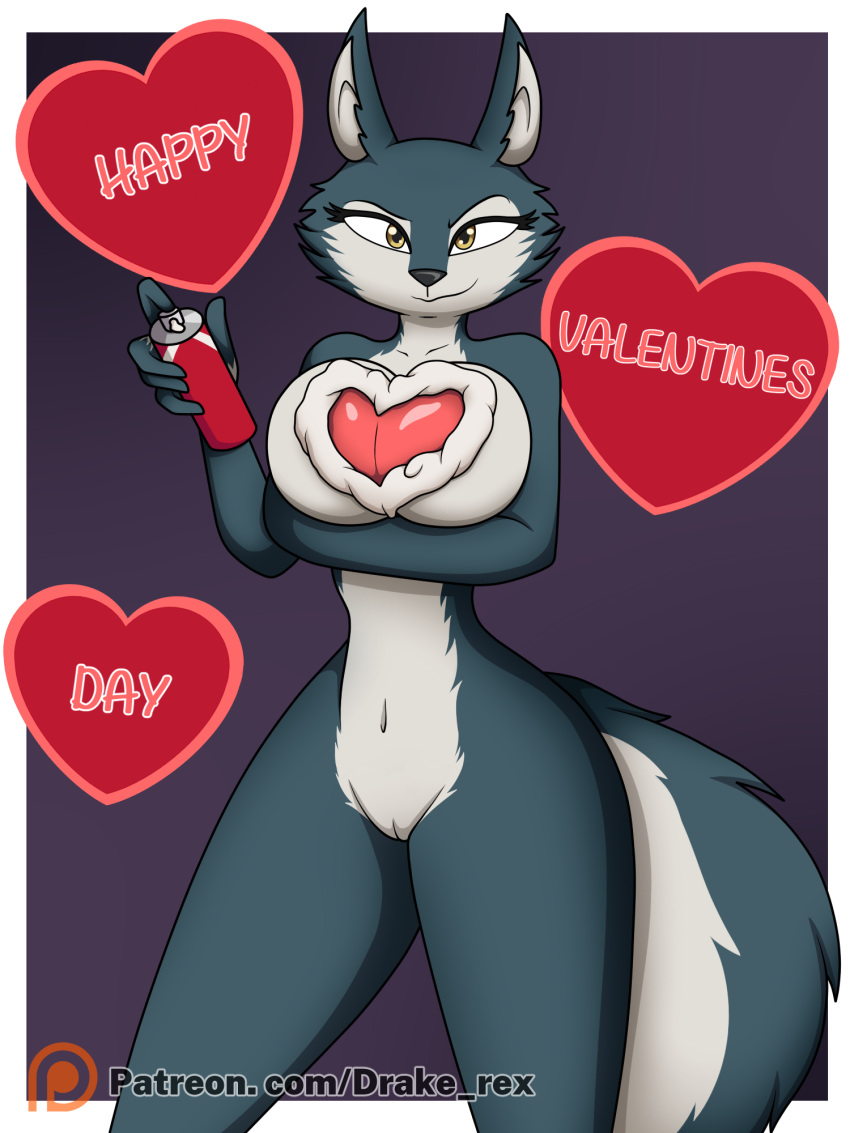 &lt;3 anthro breasts canid canine canis dairy_products drake-rex female food fur genitals grey_body grey_fur hi_res holidays illumination_entertainment mammal nude porsha_crystal pussy sing_(movie) smug solo valentine's_day whipped_cream wolf yellow_eyes