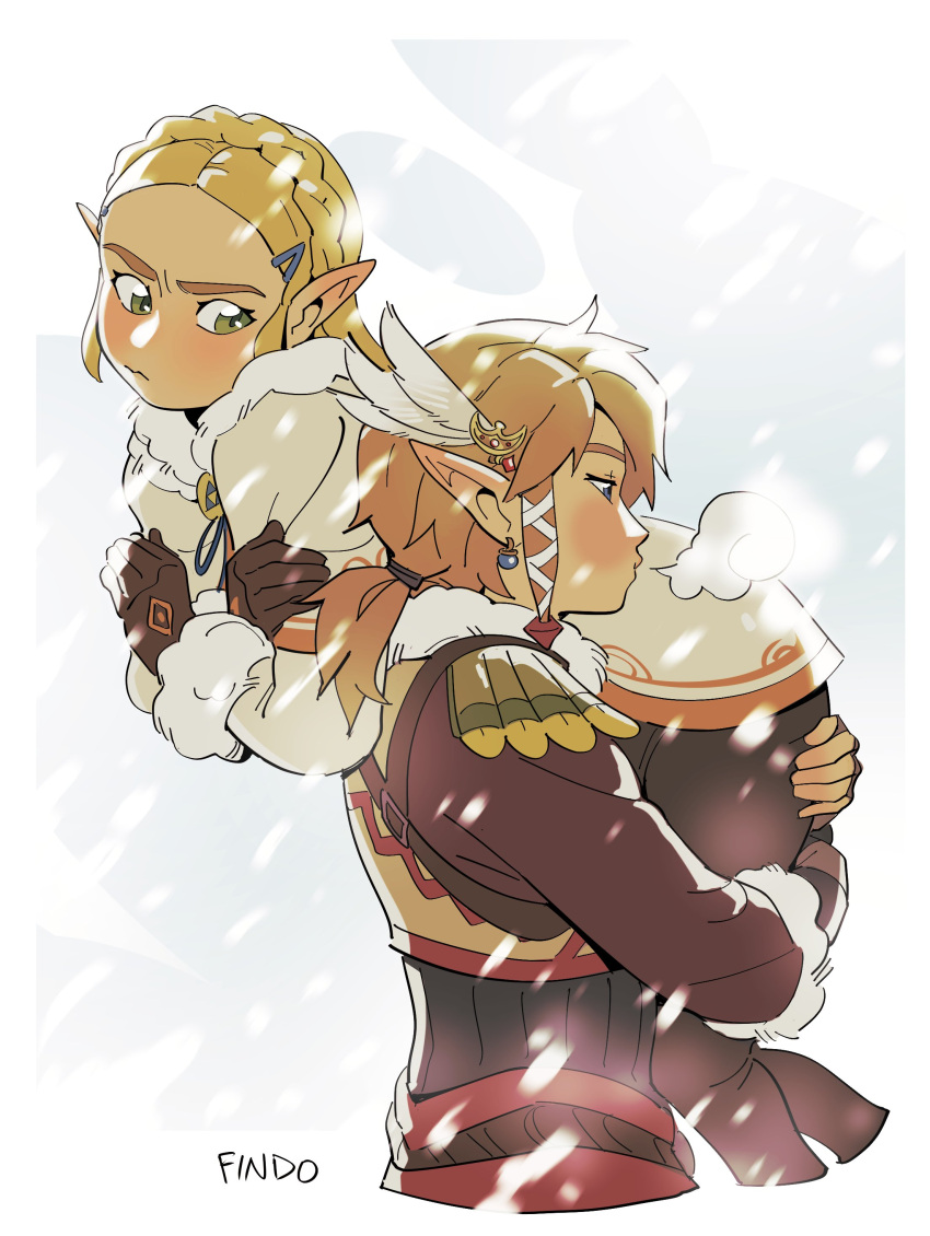 1boy 1girl absurdres bangs blonde_hair blush braid carrying carrying_over_shoulder crossed_arms findoworld gloves hair_ornament highres holding link on_shoulder pointy_ears pout princess_zelda short_hair the_legend_of_zelda the_legend_of_zelda:_tears_of_the_kingdom winter_clothes