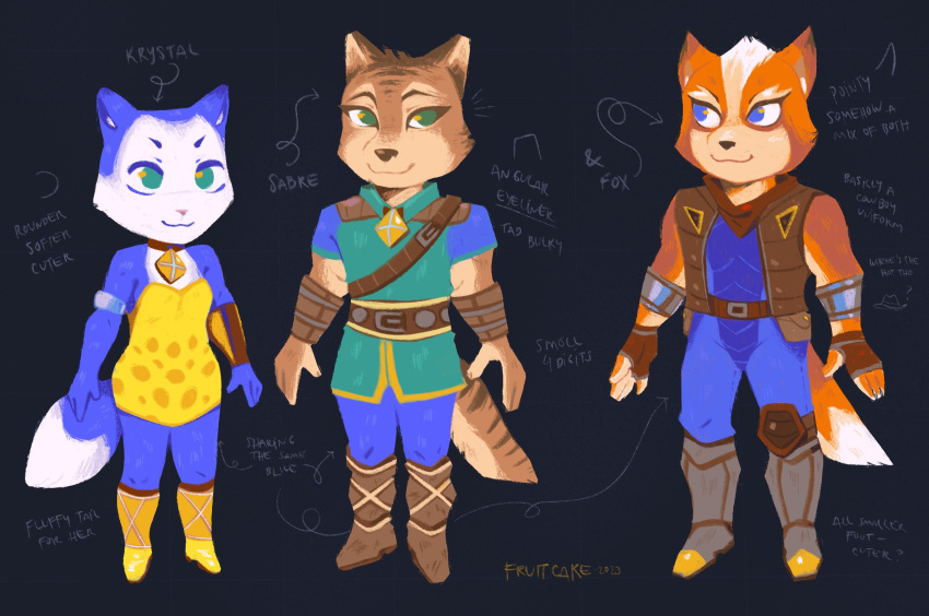 2023 4_fingers :3 absolute_territory anthro armband armor artist_name athletic athletic_anthro athletic_female athletic_male baldric belt black_nose blue_body blue_eyes blue_fur bodysuit boots bottomwear braless breasts brown_body brown_fur brown_nose canid canine canis cat_smile choker clothed clothing countershade_breasts countershade_face countershade_torso countershading dipstick_tail dress english_text eyebrows female fingerless_gloves fingers fluffy fluffy_tail footwear fox fox_mccloud fruitcake_(artist) fur gloves green_eyes group handwear happy head_tuft hi_res jacket jewelry knee_pads krystal_(dinosaur_planet) larger_male looking_aside male mammal markings multicolored_body multicolored_fur necklace nintendo on_model orange_body orange_fur pants pear-shaped_figure pink_nose sabre_(dinosaur_planet) scarf short_dress short_sleeves silver_(metal) size_difference skimpy skimpy_dress skinsuit sleeveless sleeveless_jacket small_breasts small_nose smaller_female smile star_fox strapless_clothing strapless_dress striped_body stripes tail tail_markings text thick_eyebrows tight_clothing topwear trio tuft tunic two_tone_body two_tone_fur two_tone_tail vambraces wide_hips wolf