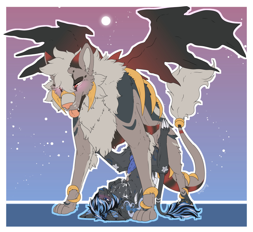 arcanine barndog bite_mark blep bodily_fluids cum duo feral fusion generation_1_pokemon generation_4_pokemon genital_fluids genitals giratina hi_res knot knotting legendary_pokemon male male/male nintendo penis pokemon pokemon_(species) pokemon_fusion scratches tongue tongue_out wings