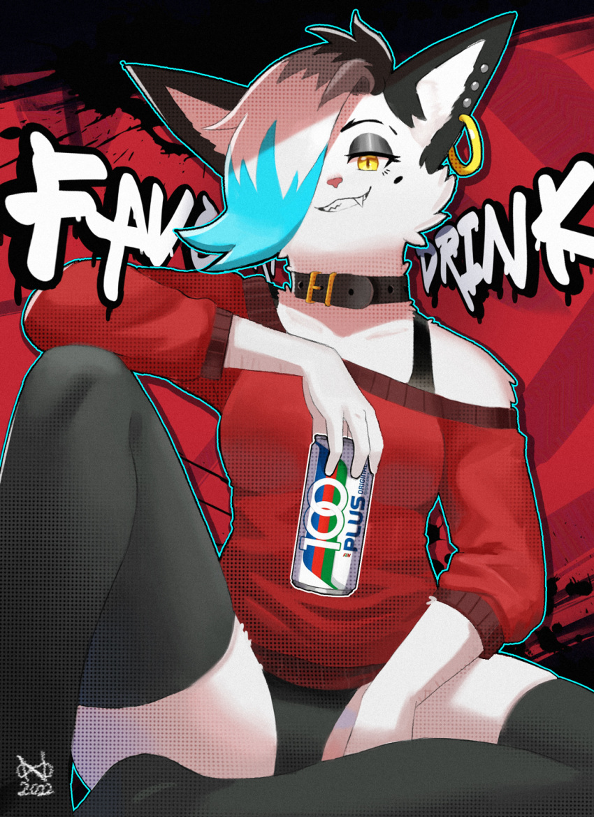 00niine 100plus 1girl animal_ears animal_nose arm_up artist_name bangs black_eyeshadow black_hair black_panties black_shirt black_thighhighs blue_hair blue_outline body_fur breasts can cat_ears cat_girl collar collarbone commentary dated drink earrings english_commentary english_text eyeshadow fang furry furry_female grey_hair grin hair_over_one_eye half-closed_eyes halftone happy highres holding holding_can holding_drink jewelry klaire_(00niine) knee_up looking_at_viewer makeup medium_breasts mole mole_under_eye multicolored_hair multiple_earrings no_pants off-shoulder_sweater off_shoulder one_eye_covered original outline panties red_background red_sweater shirt short_hair signature single_bare_shoulder sitting skindentation sleeveless sleeveless_shirt smile soda_can solo spread_legs straight-on stud_earrings sweater teeth text_background thighhighs underwear white_fur white_hair yellow_eyes