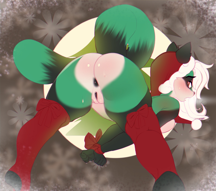 anthro anus arms_tied bent_over bound bow_ribbon breasts butt christmas christmas_clothing christmas_headwear christmas_stocking clothing erin_(ragscoon) female fur genitals green_body green_fur hair hat headgear headwear hi_res higgyy holidays legwear looking_at_viewer looking_back looking_back_at_viewer mammal mostly_nude presenting presenting_hindquarters procyonid pussy raccoon rear_view santa_hat solo stockings white_hair