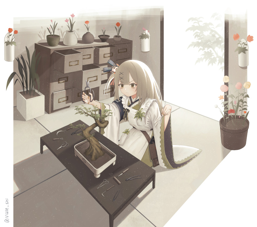 1girl apron bandaid bandaid_on_hand bangs blunt_bangs bonsai cabinet commentary drawer english_commentary flower girls'_frontline girls'_frontline_neural_cloud green_eyes hair_ornament highres indoors japanese_clothes kimono light_brown_hair long_hair plant potted_plant pruning_shears sakuya_(girls'_frontline_nc) shears solo table tatami vialle wide_sleeves
