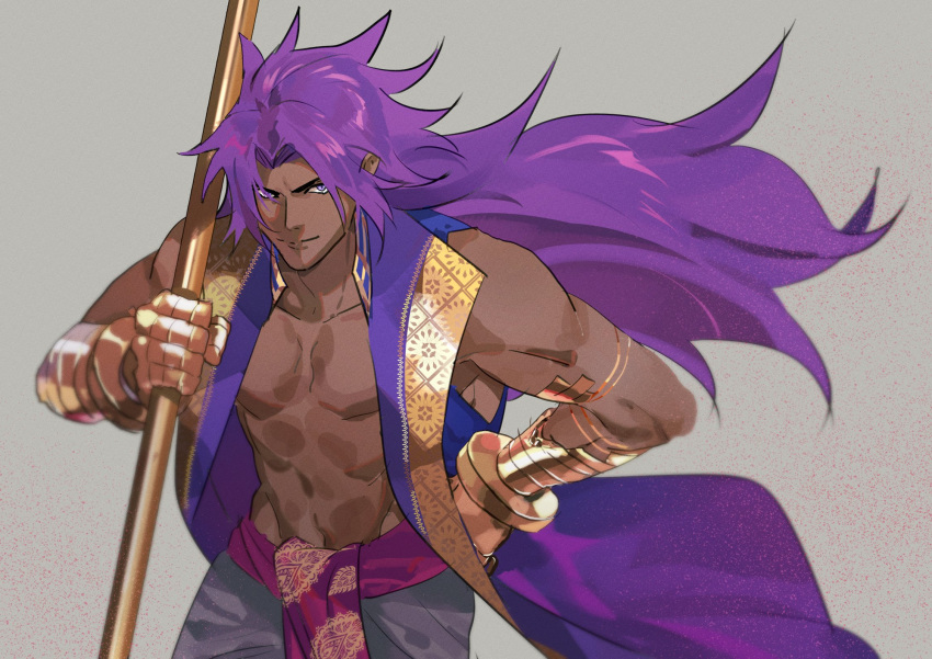 1boy bare_shoulders bhima_(fate) closed_mouth fate/grand_order fate_(series) floating_hair gauntlets gold_trim grey_background hand_on_hip highres holding holding_polearm holding_weapon koroponsu3 long_hair looking_away male_focus muscular muscular_male polearm purple_eyes purple_hair purple_vest simple_background smile solo spear very_long_hair vest weapon