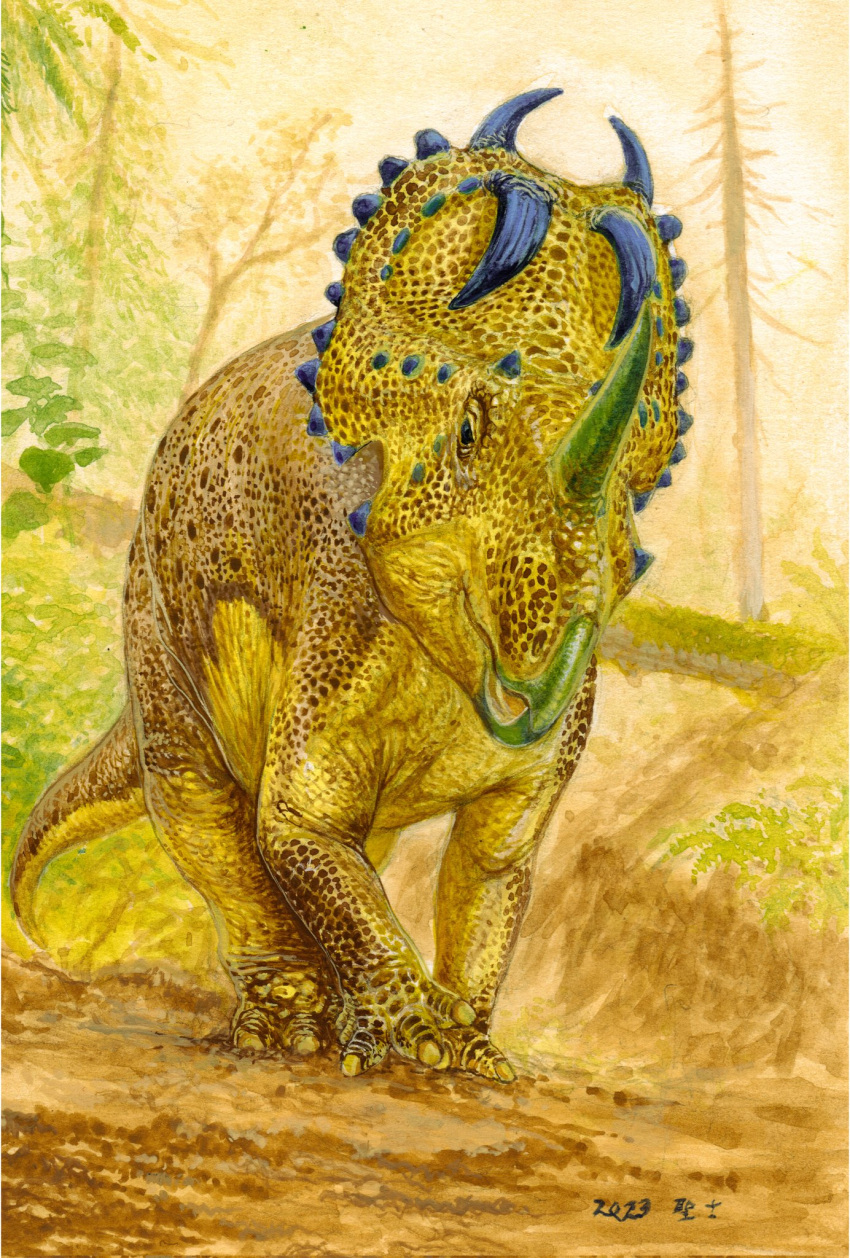 2023 animal animal_focus character_request dinosaur highres leaf no_humans original prehistoric_animal second-party_source tree yamamoto_seiji