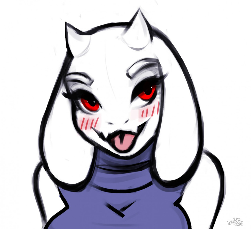 anthro blue_clothing blue_topwear bovid bust_portrait caprine clothed clothing eyebrows eyelashes female floppy_ears front_view glistening glistening_eyes goat horn mammal narrowed_eyes open_mouth open_smile pink_tongue portrait red_eyes simple_background smile solo tongue topwear toriel undertale undertale_(series) unknowhiter white_background white_body white_eyebrows white_horn