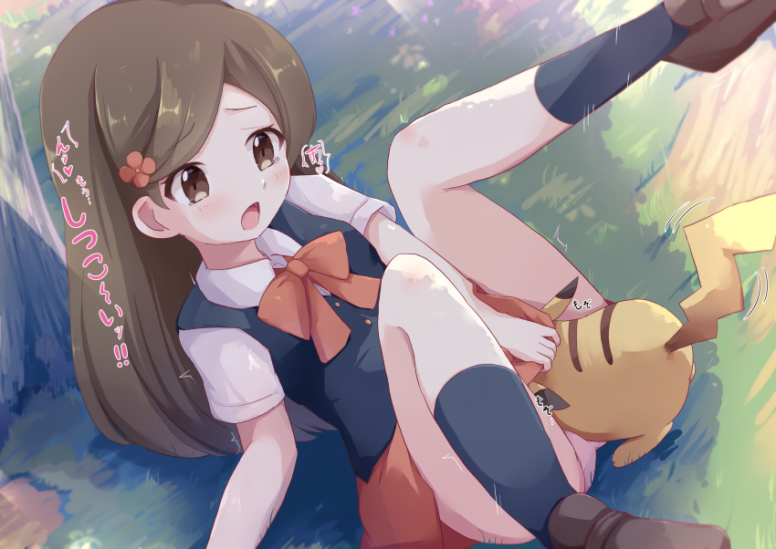 ambiguous_gender bestiality blush bottomwear brown_eyes brown_hair clothed clothing cunnilingus duo female female/ambiguous feral foamyforme fur generation_1_pokemon hair hi_res human human_on_feral interspecies lass_(pokemon) long_hair mammal nintendo open_mouth oral pikachu pokemon pokemon_(species) pokephilia school_uniform sex skirt text translation_request uniform vaginal yellow_body yellow_fur young